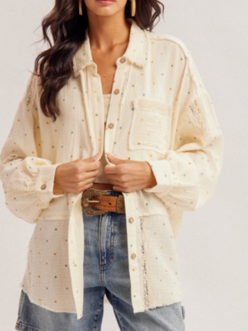 NWT Hem & Thread oversized pockadot button down with lace trim